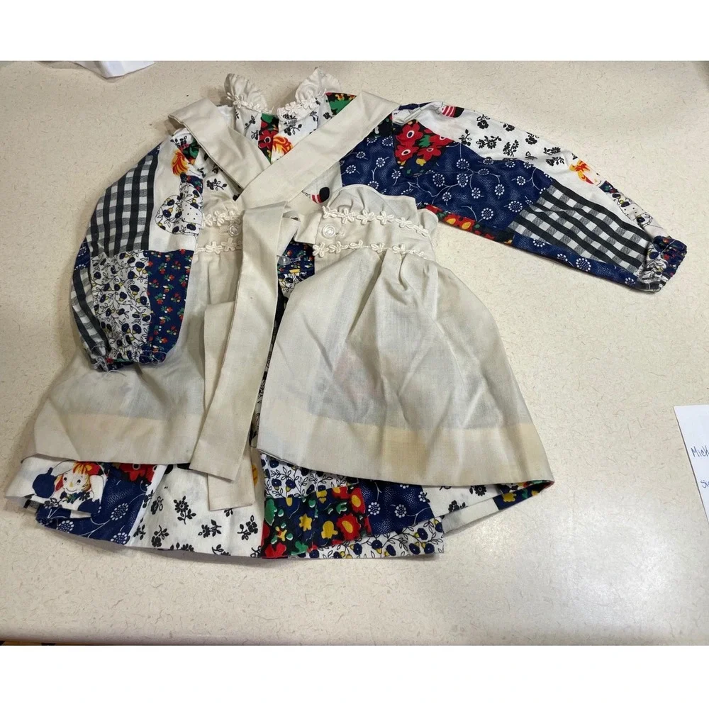 Vintage Peaches Cream Patchwork Doll Dress and Cream Pinafore Apron Set Kids‎